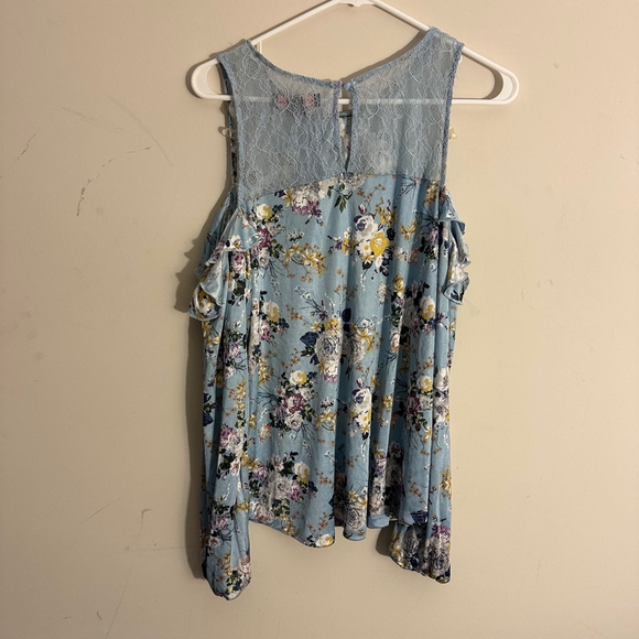 Women's Almost Famous Floral Cold Shoulder Top Size L Blue - Picture 4 of 4
